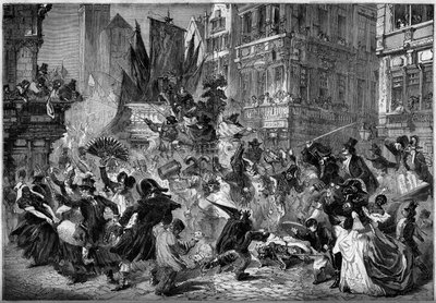 Karnevalsscen på gatorna i Antwerpen (Belgien) 1860. Gravyr i "" Le Monde Illustré"" nr 151 av 3 mars 1860. av French School