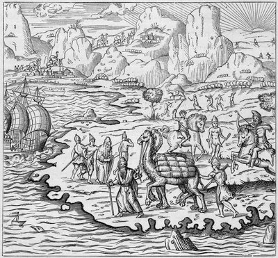 Godstransport med kamel för lastning av fartyg som lämnar den grekiska disken i Alexandria till Europa. Gravyr i "La Marine et les colonies: handel" av French School