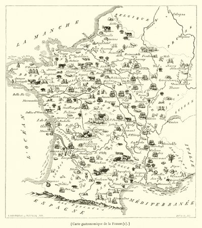 Gastronomisk karta över Frankrike (gravyr) av French School