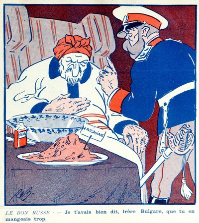Tecknad film som kritiserar Bulgariens giriga beteende över uppdelningen av Makedonien under Balkankrigen 1912-13 av French School