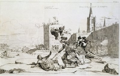 Tecknad film föreställande Mademoiselle de Montpensier (Grande Mademoiselle) "" sveper ut ur Frankrike Mazarin och hans anhängare"" av French School