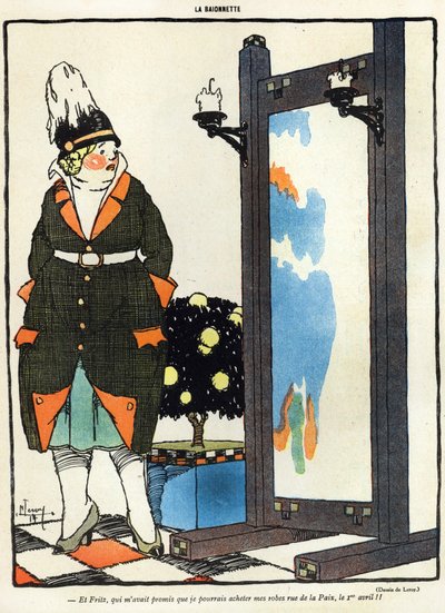 Tecknad serie som föreställer en tysk dam som är besviken över att inte kunna köpa sina nya kläder i Paris i rue de la Paix, från April Fools Day (Poisson dAvril) upplagan av La Baionette magazine, 29 mars av French School