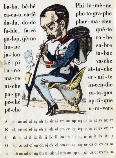 Tecknad film i en preussisk slagskeppskostym. ABC militär (alfabetet - abecedary). Avbildning av Epinal av French School