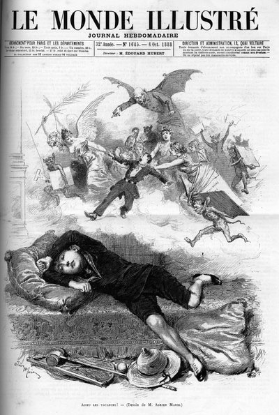 Tecknad film av en ung skolpojke som tillrättavisar från slutet av semestern som närmar sig klassuthyrning 1888. av French School