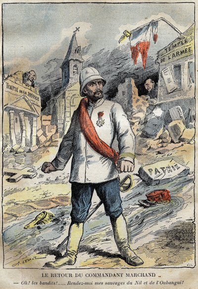Tecknad film om befälhavaren Jean-Baptiste (Jean Baptiste) Marchand (1863-1934), i Toulon, på väg tillbaka från ett utforskningsuppdrag (1896-1899) i Afrika. Gravyr i "" Le Pelerin"" 4/06/1899. av French School