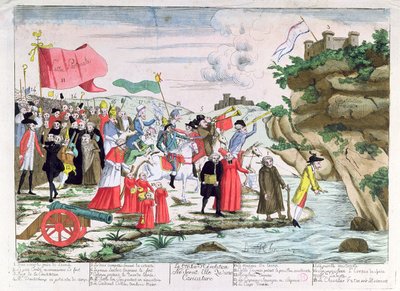 Tecknad serie som förlöjligar det franska prästerskapet och aristokraterna som tog sin tillflykt till Tyskland under revolutionen, ca 1792 av French School