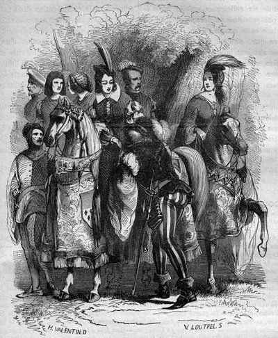 Fall av tornet i Nesle: Prinsessan Marguerite av Bourgogne (1290-1315) och hennes två systrar (Jeanne och Blanche) anklagade för äktenskapsbrott - Ingravering i "Historia om prostitution och utsvävningar i alla världens folk från antiken till här" av French School