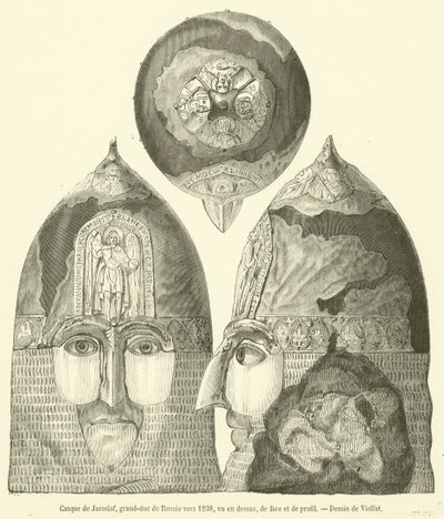 Hjälm av Jaroslav, storhertig av Ryssland omkring 1238, sett uppifrån, framifrån och i profil (gravyr) av French School