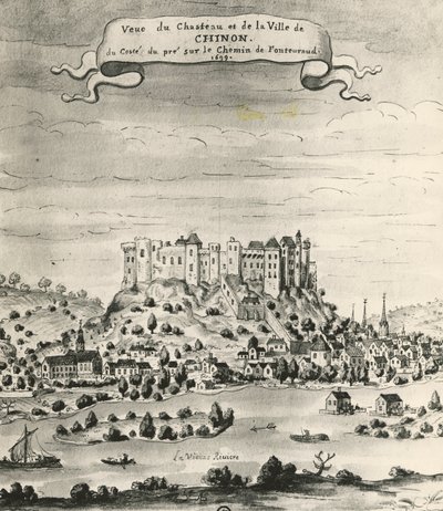 Slottet och staden Chinon av French School