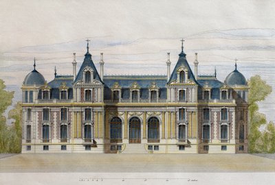 Slottet Neuflize som tillhör Pate Brothers, trädgårdsfasad, illustration från Le Moniteur des architectes, 1884, graverad av F. Penel (färgstick) av French School