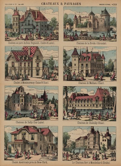 Slott och landskap (färgad gravyr) av French School
