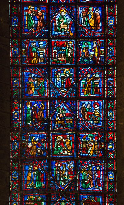 Cathedral of Chartres, målat glas: Saint fulberts liv, eveque of chartres i detalj från XI-talet av French School