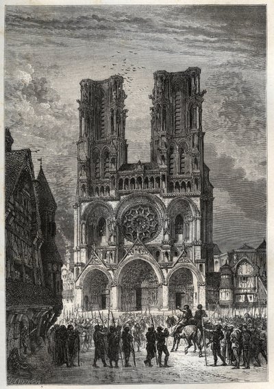 Cathedrale Notre-Dame (Notre Dame) de Laon (1150-1180), Aisne - Laon Cathedral - gravyr från "" Frankrikes historia berättad för mina barnbarn"" - av Francois Guizot - 1872-1876 av French School