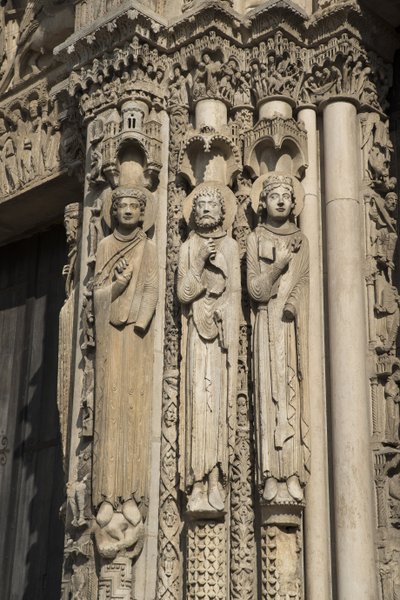 Cathedrale de chartres, detalj av buktens vänstra utbrott till höger om den kungliga porten, från vänster till höger, en kung, Roland, louis vii av French School