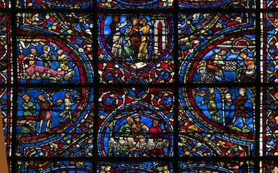 Cathedrale de chartres, målat glas: liknelse om den förlorade sonens detalj av French School