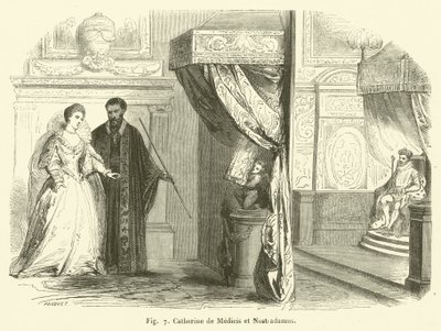 Catherine de Medici och Nostradamus (gravyr) av French School