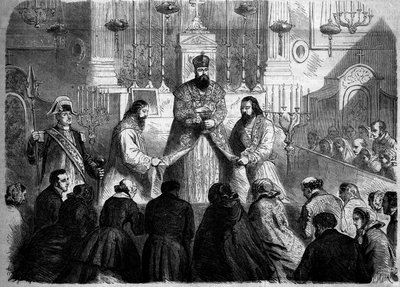 Katolsk rit - Mässa - 26 januari 1860: Mässa celebre enligt den armeniska riten av mechitaristernas överordnade i kyrkan Notre Dame des Victoires, Paris. Gravyr i "" Le Monde Illustré"" nr 147 av 4 februari 1860. av French School