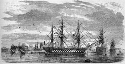 Katolsk fest: Långfredagen (Sky fredag) i Toulon (Var, 83) 1858. Fartygen har sina spön i kors och sina flaggor med halvfall som ett tecken på sorg. Gravyr i "" Le Monde Illustré"" nr 53 av 17 april 1858. av French School
