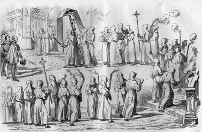 Katolskt nöje och vidskepelse. Procession av botgörande under attacken av Rom av kejsar Othon I den store (912-973). Gravyr i "Histoire des Papes-Rois-Queen and Empereurs a travers les centuries"" av Maurice Lachatre av French School