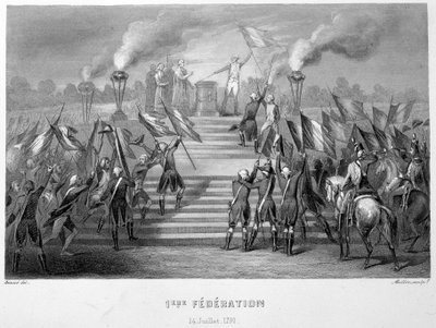 Firande av den 1:a nationella federationen den 14 juli 1790 på Fäderlandets altare i Champs-de-Mars, med anledning av 1-årsdagen av bastiljens erövring - i "Fasttes de Gardes nationales de France" av French School