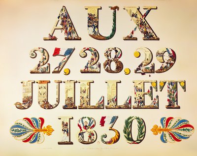 Firandet av de tre härliga dagarna, 27:e, 28:e och 29:e juli 1830 (färggravyr) av French School
