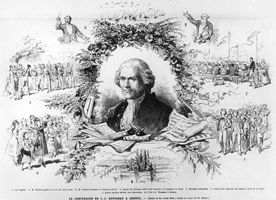 Firande i Genève för att fira hundraårsminnet av Jean-Jacques Rousseaus död, illustration från Le Monde Illustree, 1878 av French School