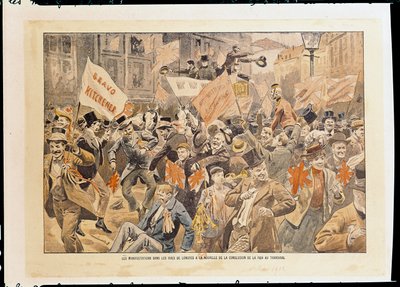 Firande på Londons gator efter nyheten om fredsslutet i Transvaal, maj 1902 (tryck) av French School