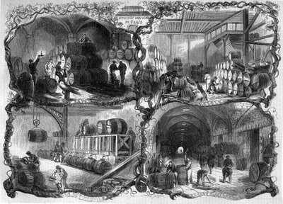 Källare i lagret för vin och sprit (eaux-de-vie) i Paris; 1858. Gravyr i "" Le Monde Illustré"" nr 46 av 27 februari 1858. av French School