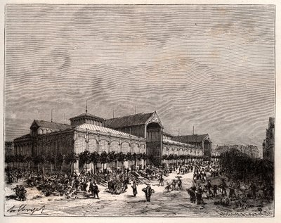 Central halles i Paris på 1800-talet - gravyr i "La France illustree: geographie, histoire, administration statistique" av V.A. Malt-brunt. 1884 av French School