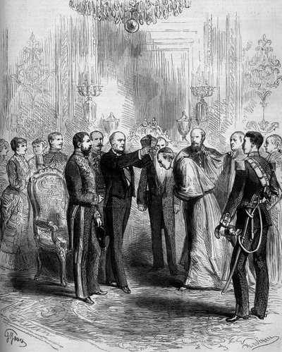 Ceremoni för överlämnandet av kardinalatets insignier: Pier Francesco Meglia (1810-1883) fick kardinalens röda rock medan Jules Grevy (1807-1891) placerade kardinalbaretten på hans huvud. Paris, Palais de l