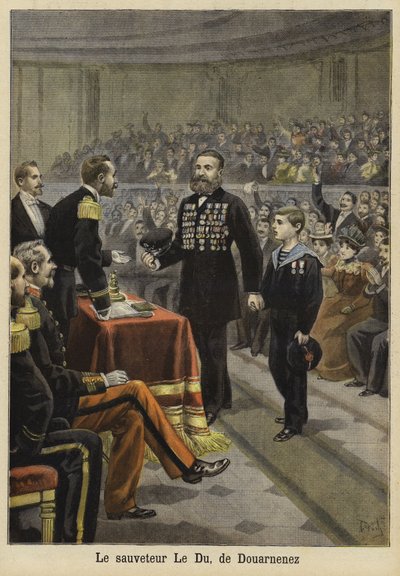 Ceremoni för att hedra Mr Le Du, en räddare från Douarnenez, Bretagne, 1897 av French School