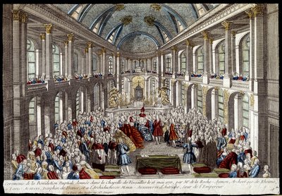 Ceremoni för brudvälsignelsen som gavs i kapellet i Versailles den 16 maj 1770 av Louis Auguste, delfin från Frankrike (Louis XVI), och Marie Antoinette av Österrike - gravyr av French School