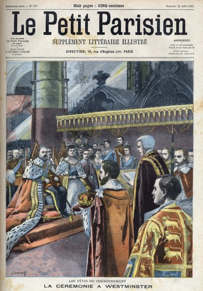 Ceremoni för kröningen i Westminster: kung Edward VII (1841-1910) och Alexandra av Danmark (1844-1925), i "Le petit Parisien"" av French School