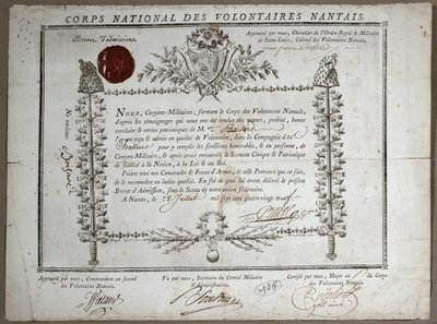 Intyg om antagning till National Guard of Volunteers of Nantes, 1789 av French School