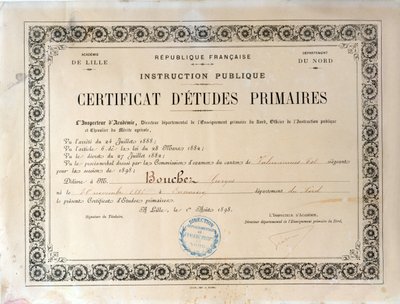 Intyg för grundskoleutbildning, Academie de Lille, 1898 (bläck på papper) av French School