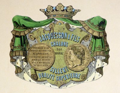 Champagneetikett för Jacquesson & Fils, Champagne Sillery Marque, mitten av 1800-talet (färg litho) av French School