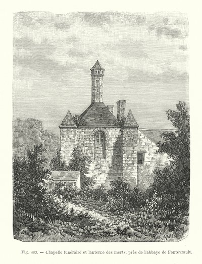 Begravningskapell och de dödas lykta, nära Fontevrault Abbey (gravyr) av French School