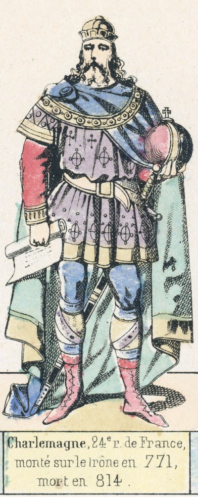 Karl den Store, Frankrikes 24:e kung, besteg tronen 771, dog 814 (färgad gravyr) av French School