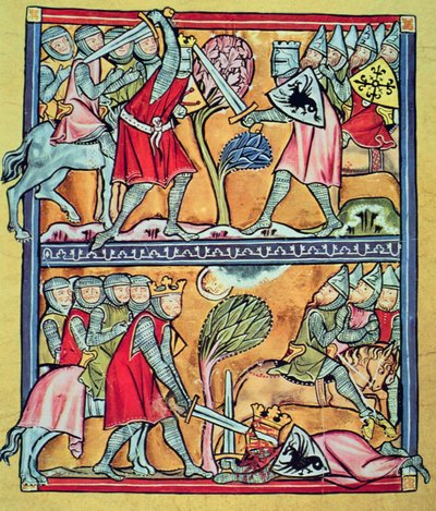 Karl den Store och hans paladiner i strid mot saracenerna, miniatyr från "Charlemagne and his paladins" (vellum) av French School