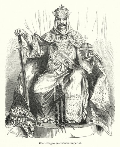 Charlemagne en kejserlig kostym (gravyr) av French School