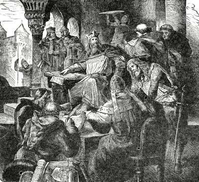 Karl den Store med elever och lärare från hans slottsskola i Aachen, ca 1890 av French School
