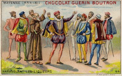 Charles, hertig av Mayenne, talar till medlemmar i katolska förbundet (chromolitho) av French School