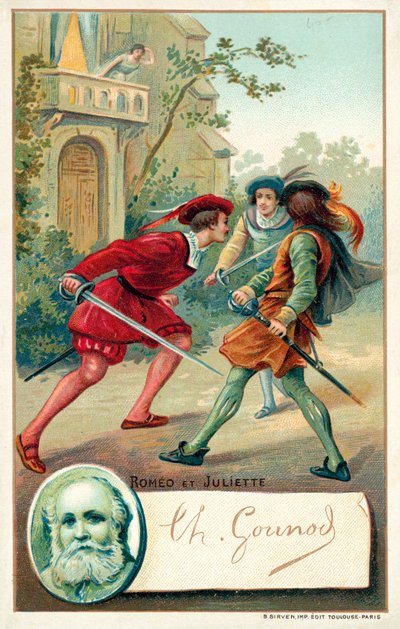 Charles Gounod, fransk kompositör, och en scen ur hans opera Romeo et Juliette (chromolitho) av French School