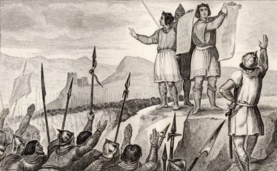 Karl II (823-77) den skallige och hans bror Ludvig den tyske sluter fördrag i Strasbourg 842, från 