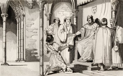 Charles IV (1294-1328) den stilige tar emot en vädjan vid domstolen, från "Histoire de France" av Colart, publicerad ca 1840 (gravyr) av French School