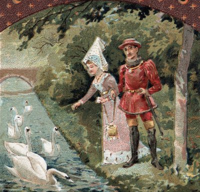 Karl VII (1403-1461) med sin favorit, Agnes Sorel (känd som Lady of Beaute sur Marne (Beaute-sur-Marne) (1422-1450) som matar svanar i parken vid slottet Savigny sur Orge (Savigny-sur) -Orge). Kromolitografi från slutet av 1800-talet av French School