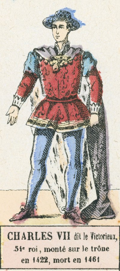 Karl VII kallad segraren, 54:e kungen, besteg tronen 1422, dog 1461 (färgad gravyr) av French School