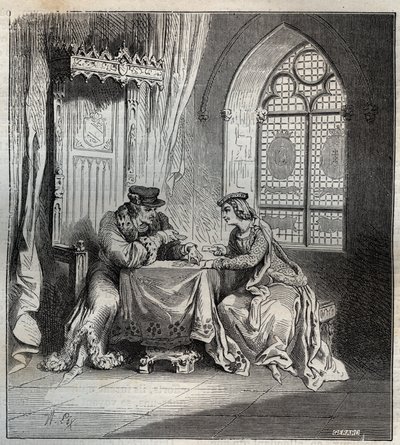 Karl VI (1380-1422) och Odette de Champdivers - kung Karl VI av Frankrike, känd som Charles the Good Aime, sedan Charles the Fol (1368-1422) med sin älskarinna Odinette (Odette) de Champdivers (cirka 1390-cirka 1425) spelkort gravering i "Paris a t av French School