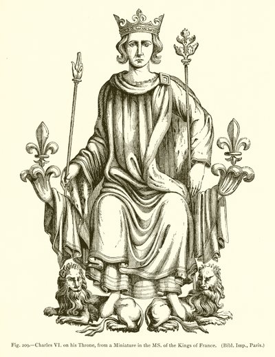 Charles VI på sin tron, från en miniatyr i MS. av Frankrikes kungar av French School