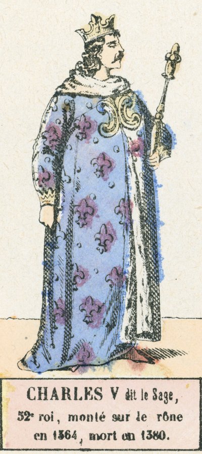 Charles V dit le Sage, 52:e kung, besteg tronen 1364, dog 1380 (färgad gravyr) av French School